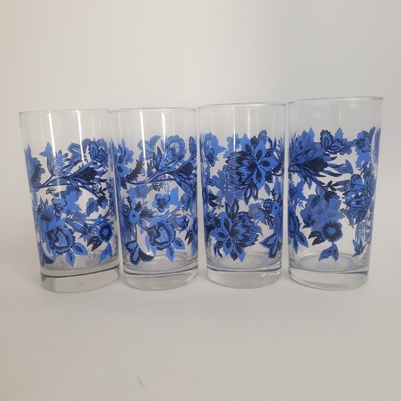 Set of 4 Royal Norfolk Cobalt Blue Floral Glass Tumblers 16 oz Excellent 6" - Picture 1 of 7